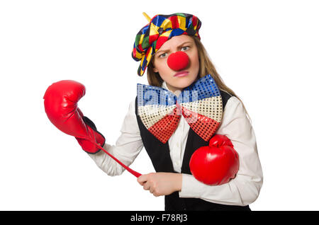 Jolie femme clown avec des gants de box isolated on white Banque D'Images