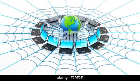 Réseau informatique mondial avec un spider web isolé sur fond blanc Banque D'Images