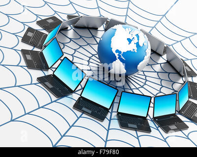 Réseau informatique mondial avec un spider web isolé sur fond blanc Banque D'Images