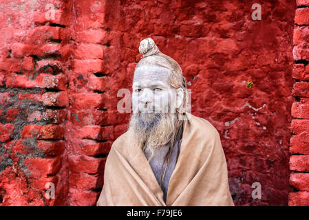 L'errance Shaiva sadhu (saint homme) avec la peinture du visage traditionnels dans l'ancien temple de Pashupatinath Banque D'Images