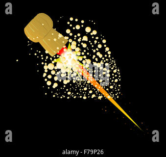 Un vol liège à partir d'une bouteille de champagne avec lance flammes Banque D'Images