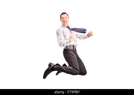 Studio shot d'un businessman jumping de joie et bonheur aux gestes tourné en l'air isolé sur fond blanc Banque D'Images