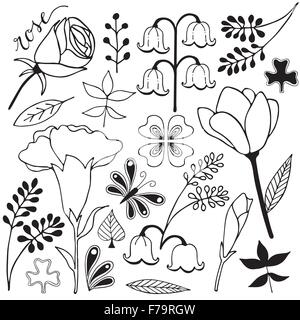 Fleur et feuille main variation croquis doodle illustration noir et blanc Illustration de Vecteur