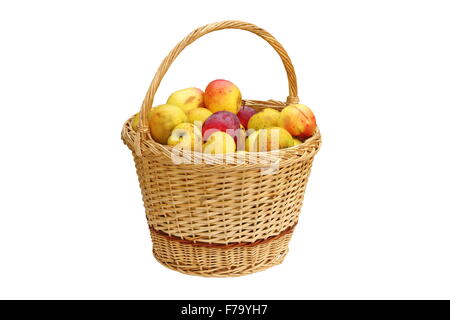 Treillis faits main panier plein de pommes bio isolé sur fond blanc Banque D'Images