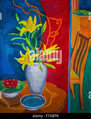 Droit à la recherche d'une pièce à une autre. Peinture à la gouache. Fleurs de Lys sur une table. La verticale Banque D'Images