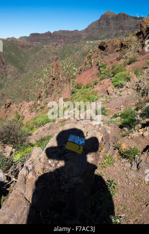 Ombre d'un Walker portant un chapeau qui tombe sur un marqueur de chemin sur une piste près de El Molledo, Tenerife, Canaries, Espagne Banque D'Images