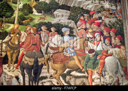 Les Mages Chapelle des fresques de Benozzo Gozzoli, mur est, le cortège des Mages. Banque D'Images