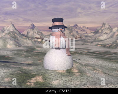 Bonhomme de neige dans le coucher du soleil en hiver - 3D render Banque D'Images