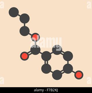 Le propylparabène conservateur paraben molécule (classe). Formule topologique stylisé (structure chimique). Les atomes sont indiquées comme Banque D'Images