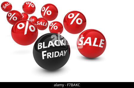 Le Black Friday shopping de Noël vente concept avec signe et symbole de pourcentage sur le ballon qui rebondit sur fond blanc. Banque D'Images