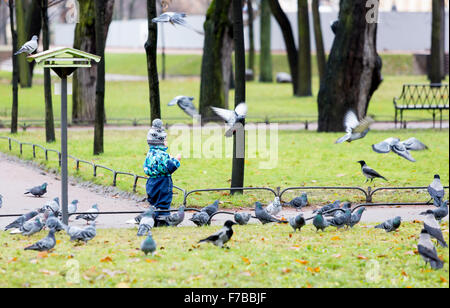 Saint Petersburg, Russie - le 20 novembre 2015 : jeune garçon est de nourrir les pigeons dans un parc à Saint Pétersbourg, Russie. Banque D'Images