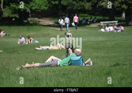 Les gens se détendre, bronzer et lecture à Richmond Park, London, UK Banque D'Images