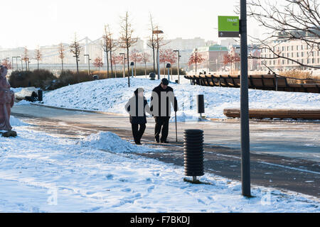 Moscou, Russie. Samedi, 28 novembre 2015. Froid, mais calme et ensoleillé week-end à Moscou, Russie. La température -2 °C (28,4 °F), pas de vent et beaucoup de soleil après les nombreux jours de temps maussade. Beaucoup de gens restent à la maison, mais certains préfèrent aller pour une promenade de faire un peu de patinage artistique dans le Parc Gorky. Couple non identifié, les promenades le long de l'allée des arts de Museon Park De crédit : Alex's Pictures/Alamy Live News Banque D'Images