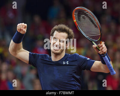 Gand, Belgique, le 28 novembre 2015, la finale de la Coupe Davis, Belgium-Great la Grande-Bretagne, jour deux, match de double, Andy Murray célèbre leur victoire contre les doubles belge Photo : Tennisimages/Henk Koster Crédit : Henk Koster/Alamy Live News Banque D'Images