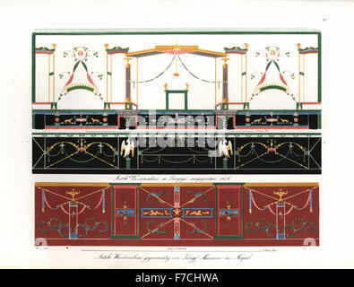 Un Trompe l'oeil peintures murales avec colonne, festons, plinthe et chiffres de Pompéi, fouillé en 1838, et l'un avec des bannières, de rubans et de feuillage au Musée Royal de Naples. Lithographie coloriée par Brose après une illustration par Wilhelm Zahn de son ornement de toutes les époques de l'art classique, Ornamente klassischen und Kunst-Epochen, Reimer, Berlin, 1842. Banque D'Images