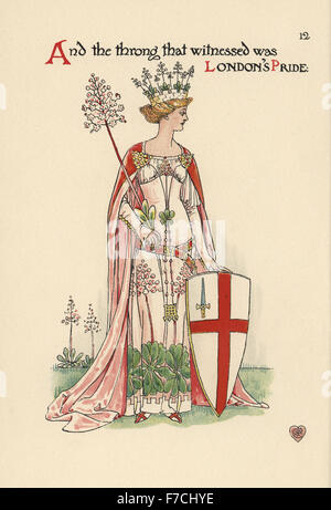 Fleur fée de London Pride, Saxifraga × urbium, femme avec couronne crénelée, robe médiévale, avec écusson croix de saint George et l'épée. Chromolithographie après une illustration par Walter Crane à partir d'une fleur Mariage, Cassell, Londres, 1905. Banque D'Images