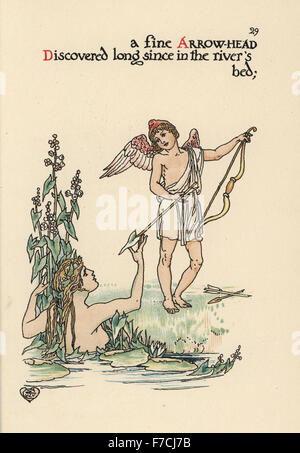 Fleur fée des sagittaires, Sagittaria latifolia, décrite comme une nymphe de l'eau dans une rivière donnant une flèche de Cupidon floral. Chromolithographie après une illustration par Walter Crane à partir d'une fleur Mariage, Cassell, Londres, 1905. Banque D'Images