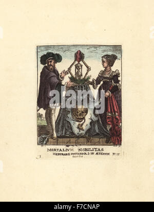 Frontispice de noble homme et femme en costume Suisse 16e siècle debout à côté d'un écusson allégorique avec crâne, casque, du temps hourglass, squelette et sacré-cœur. Mortalium Nobilitas. La gravure sur cuivre coloriée par David Deuchar à partir de la danse de la mort de Hans Holbein, Coxhead, Londres, 1816. Banque D'Images