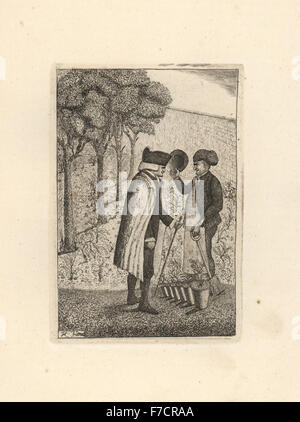 Le Dr John Hope, Professeur de botanique à l'Université d'Édimbourg, demandant à un jardinier dans le jardin botanique. La gravure sur cuivre par John Kay à partir d'une série de portraits originaux et la caricature d'eaux-fortes, Hugh Paton, Édimbourg, 1842. Banque D'Images