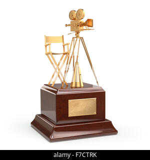 Film Award. Gold vintage movie camera et président du directeur. 3d Banque D'Images