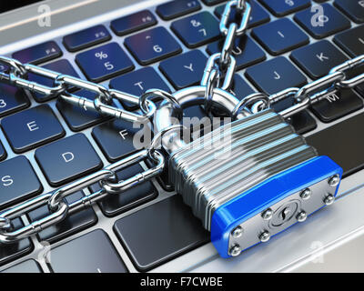 La sécurité informatique ou concept de sécurité. Clavier d'ordinateur portable avec lock et la chaîne. 3d Banque D'Images