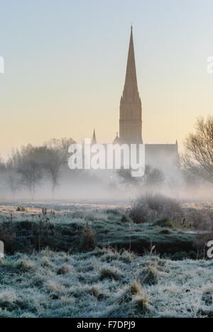 La cathédrale de Salisbury sur une froide frosty matin brumeux Banque D'Images