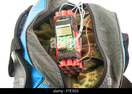 Avec Time Bomb detonator est dans bag isolated on white Banque D'Images