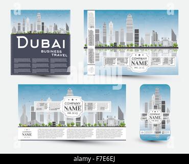 Les modèles de l'identité d'entreprise définir avec Dubai skyline. Vector illustration. Les voyages d'affaires et tourisme concept Illustration de Vecteur