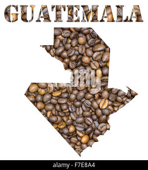 Les grains de café Roasted Brown arrière-plan avec la forme de la parole au Guatemala et le pays carte géographique contour. Droit isola Banque D'Images