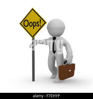 Caractère 3d business tenant un panneau jaune avec Oops ! Banque D'Images
