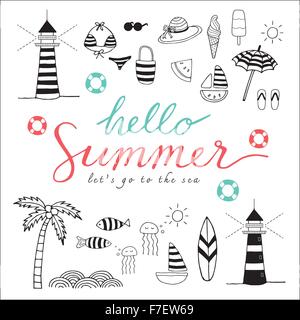Hello Summer doodle icônes en noir et blanc, rendez-vous à la mer Illustration de Vecteur
