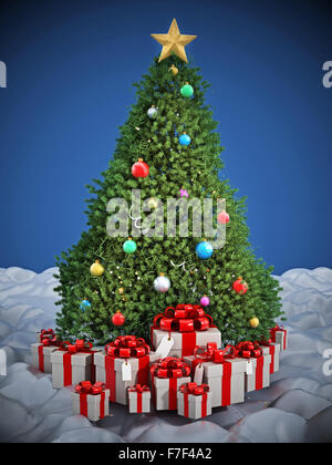 Arbre de Noël et giftboxes sur la neige. Banque D'Images