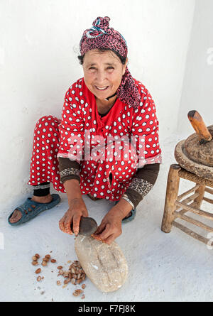 Femme marocaine argan fissuration de les écrous de l'huile. Banque D'Images