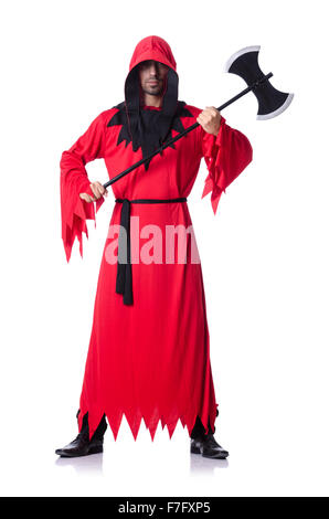 Bourreau en costume rouge avec ax on white Banque D'Images