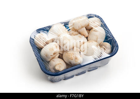 Les champignons en boîte en plastique bleu isolé sur fond blanc Banque D'Images