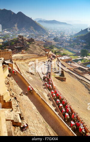 Les éléphants transportant des touristes au Fort Amber à Jaipur, Rajasthan, Inde Banque D'Images