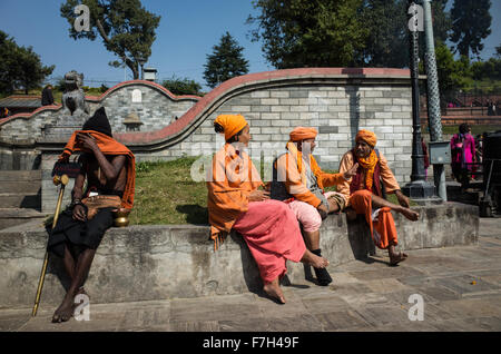 Repos et sadhus chatting at Pashupatinath temple complex à Katmandou, Népal Banque D'Images