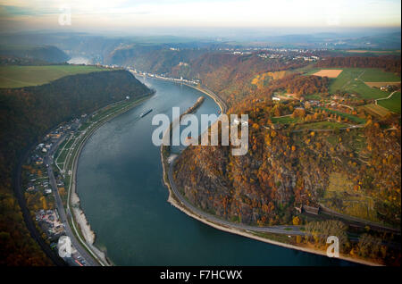 La Lorelei, Lorelei rock, schiste dans le patrimoine mondial de l'Vallée du Haut-Rhin moyen dans la région de Sankt Goarshausen, Sankt Goar, Banque D'Images