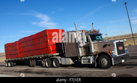 Peterbilt 379 camion et semi-remorque à plate-forme avec une bâche et chargés sur l'autoroute en gigogne USA Wyoming Banque D'Images