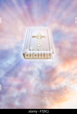 Bible dans le ciel / 3D render of white bible contre ciel céleste Banque D'Images