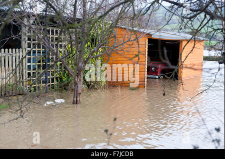 Welshpool, Powys, Pays de Galles, Royaume-Uni. 1er décembre, 2015. Météo : l'un des chauffeur POIDS LOURDS Paul Joubert Land Rover obtient inondé à son domicile Severn Lodge, près de Welshpool. La rivière Severn éclate c'est banques à Welshpool et provoque une inondation. Credit : Graham M. Lawrence/Alamy Live News. Banque D'Images