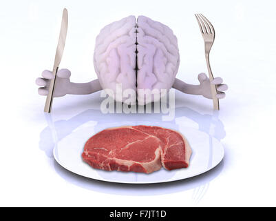 Le cerveau avec les mains et les ustensiles en face d'un steak, 3d illustration Banque D'Images