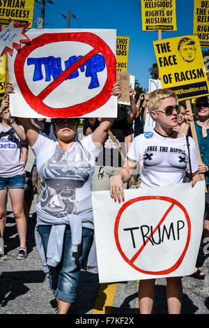 Holding signs manifestants dénonçant l'atout de Donald lors d'un rassemblement politique pour Trump à Sarasota, FL Banque D'Images