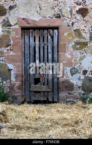 Vieille porte en bois en décomposition à l'emplacement rural dans Huntly Banque D'Images