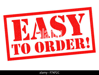 Facile à commander ! Timbres en caoutchouc rouge sur un fond blanc. Banque D'Images