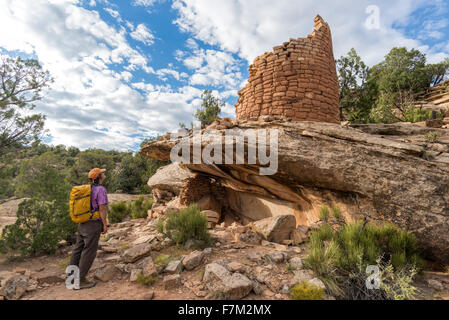 Randonneur à la main peint au Pueblo, une ancienne structure puebloan de Hovenweep National Monument, Colorado. Banque D'Images