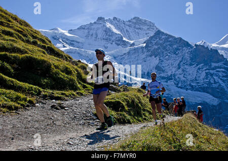 Porteur en face du mont Jungfrau sur 2015 Jungfrau Marathon race de interlken à Kleine Scheidegg, Alpes Bernoises, SWI Banque D'Images