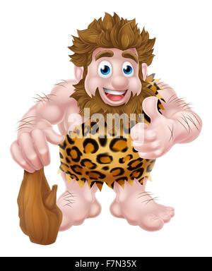 Un cute cartoon caveman dans une peau d'animal en donnant un coup de pouce et la tenue d'un club. Banque D'Images