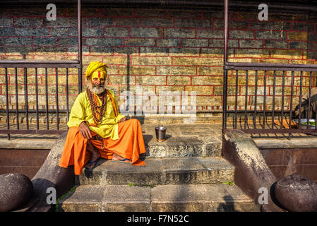 L'errance Shaiva sadhu (saint homme) avec la peinture du visage traditionnels dans l'ancien temple de Pashupatinath Banque D'Images