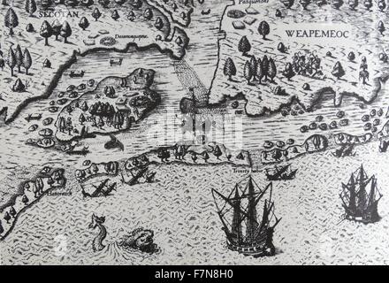 L'arrivée de Sir Walter Raleigh (1552-1618), en Virginie, menant à la colonie établie sur l'île de Roanoke en vertu de John White (c.1540-93 Banque D'Images